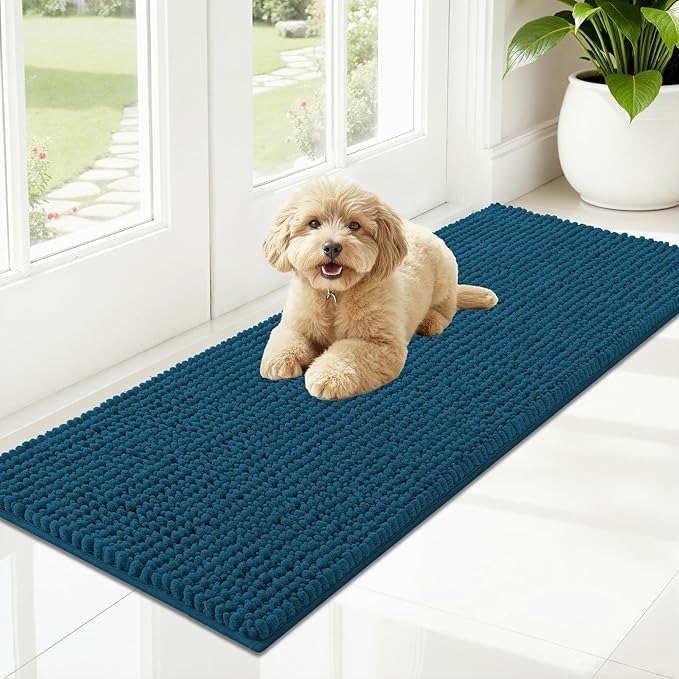 OLANLY Dog Door Mat for Muddy Paws 47x17, Extra Absorbent Chenille Mud Mat | Atlantic Blue, Absorbs Moisture and Dirt, Non-Slip Machine Washable Doormat, Quick-Drying Indoor Entryway Floor Mat for Dogs