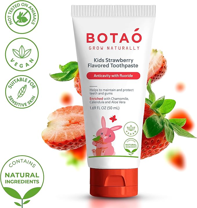 Botao Kids Natural Strawberry Flavored Anticavity Fluoride Toothpaste Maximum Cavity Protection Cleans Children’s Teeth Protects Gums Chamomile Aloe Vera Calendula Xylitol for Ages 2 and Up