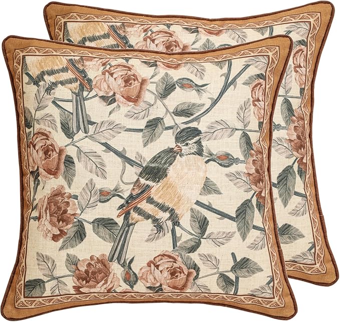 patdrea Vintage Linen Throw Pillow Cover,18"x18",Set of 2-ParkerEstate B | French Decorative Pillow Case with Zipper,Bird and Floral Pattern,Cushion Coverfor Couch Living Room Bedroom