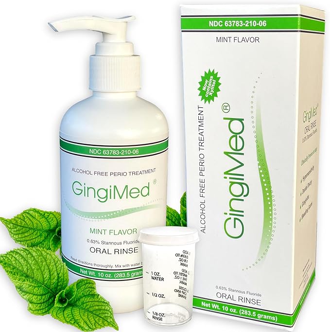 Gingi Med Mint Flavored .63% stannous Fluoride Dental Rinse, 10 Ounce Bottle. Indicated for Patients with Tooth Decay, Sensitivity, or gingival Bleeding.