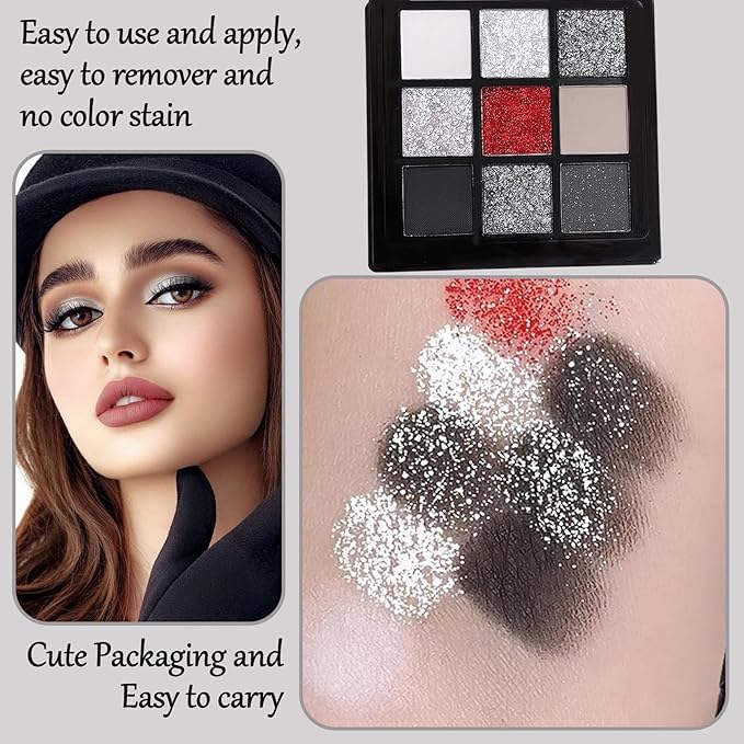 Black Grey Smoky Eyeshadow Palette,15 Colors Matte Shimmer Pigmented Eye Shadow Makeup Palette Set with 3 Eyeshadow Brushes,Glitter Eye Shadow Palette for Daily Halloween Goth Makeup(C)