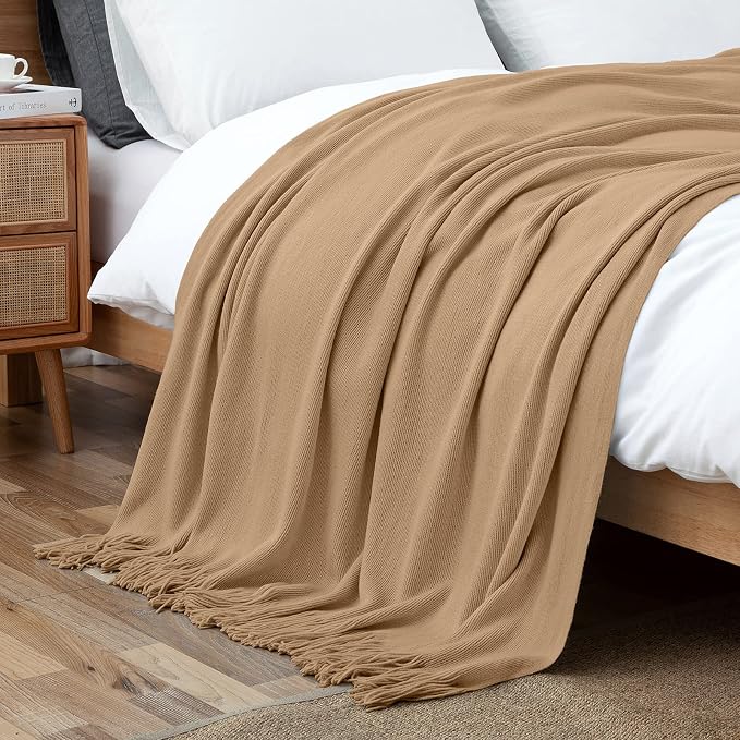 Vonty Light Brown Knitted Blanket with Tassels Fringe 50" x 60", Super Soft Knit Throw Blanket, Farmhouse Decorative Lightweight Blanket for Couch, Sofa, Bed | Super Soft And Lightweight, Year-Round Cozy Warmth, Farmhouse Decorative Style, Machine Wash...