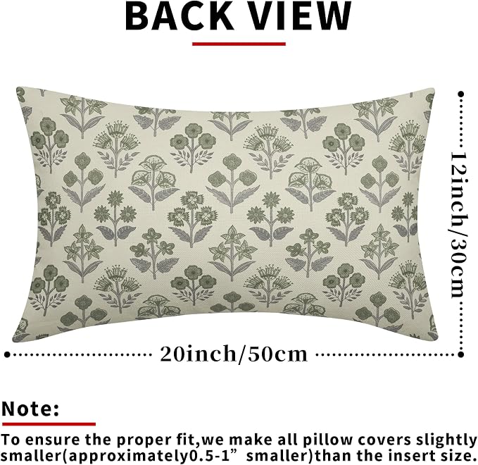 Green Grey Gray Floral Pillow Covers 12x20 Inch Set of 2, Block Print Lumbar Flower Cream Decorative Throw Pillowcases Outdoor Farmhouse Rectangle Cushion Covers Spring Summer Sofa Couch Bed Decor