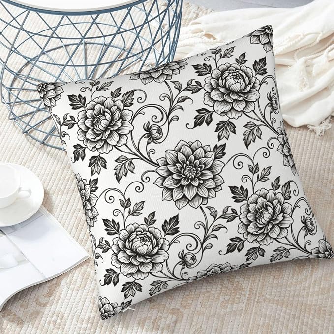 Black White Toile Throw Pillow Covers 18x18 Set of 2 Vintage Floral Decorative Farmhouse Pillow Cases for Couch Home Deco