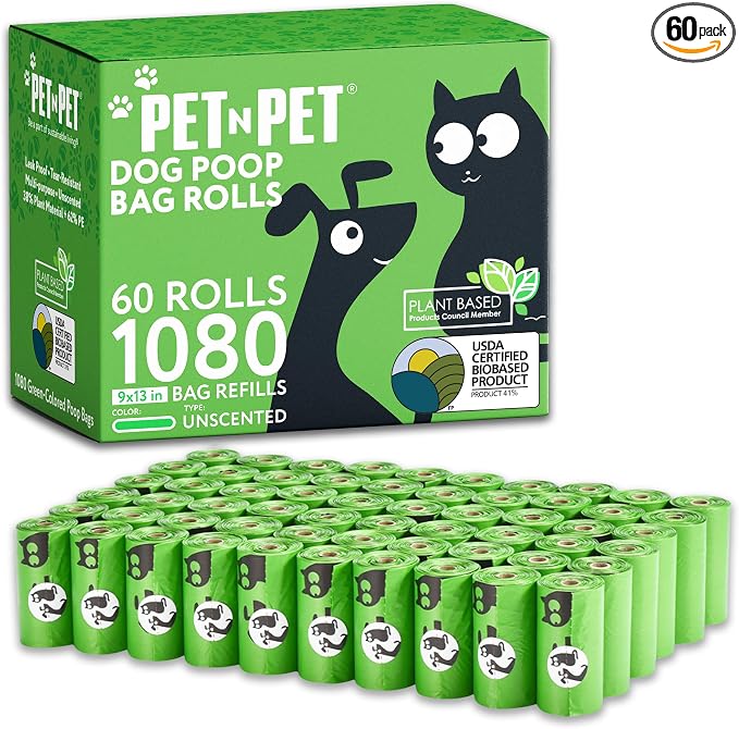 Pet N Pet Poop Bags for Dogs, 1080 Count, Plant Based, Unscented, Green | USDA Certified, 41%, Doggy, Leak-Proof, Refill, Waste, Tear-Resistant, Easy-Tear Design, dog waste bags