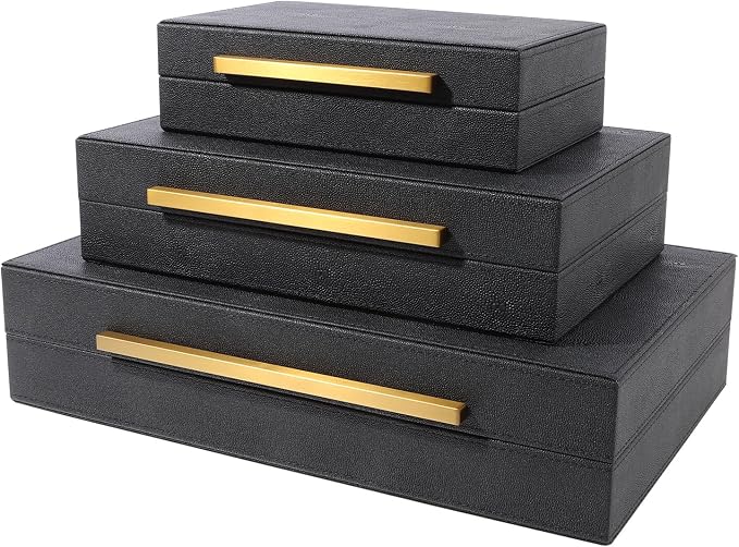 Set of 3 Decorative Boxes with Lids, Faux Shagreen Nesting Decorative Box for Home Decor, Jewelry Boxes, Photo Boxes, Keepsake Storage Boxes (Black)