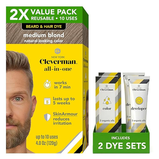 2X Reusable Hair & Beard Dye for Men – Medium Blond | Up to 10 Uses, 7 Minutes | Natural Gray Coverage, No-Drip Cream with SkinArmour® – Cleverman