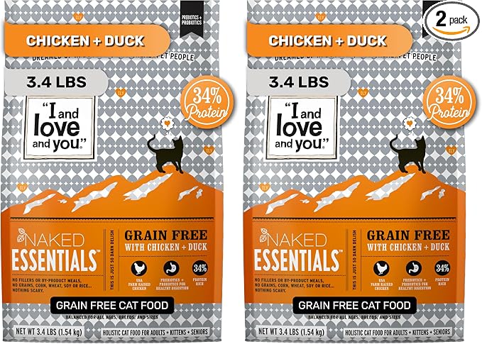 I AND LOVE AND YOU Naked Essentials Dry Cat Food - Chicken + Duck - Grain Free, Real Meat, No Fillers, Prebiotics + Probiotics, 3.4lb Bag (Pack of 2)