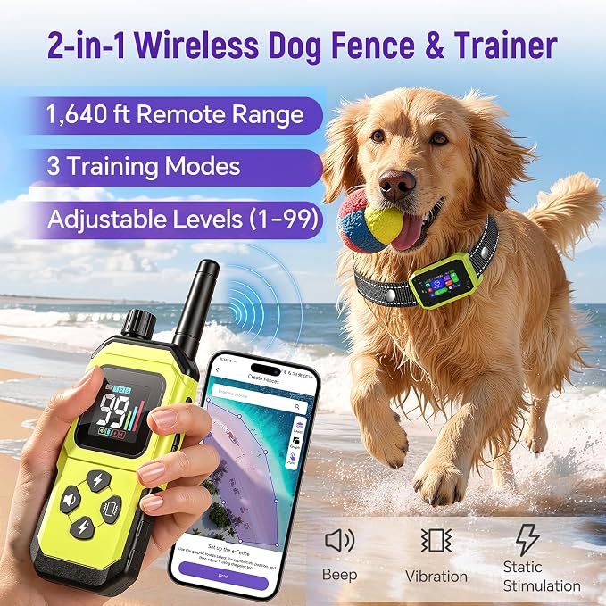 GPS Wireless Dog Fence & Remote Training Collar, Free APP Control, No Subscription Fee, Adjustable GPS Boundary, Green, Dogs 10-120 lbs
