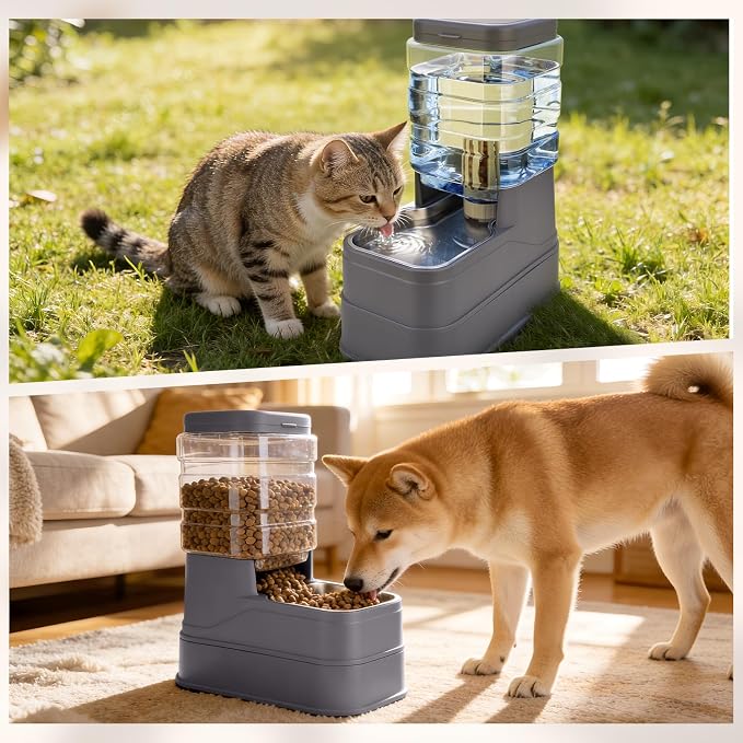 2 Pack Automatic Cat Feeder and Water Dispenser 1.3 Gallon Dog Gravity Food Feeder and Water with Ice Pack Stainless Steel Dry Food and Water Bowl for Small Medium Large Pets (Grey)