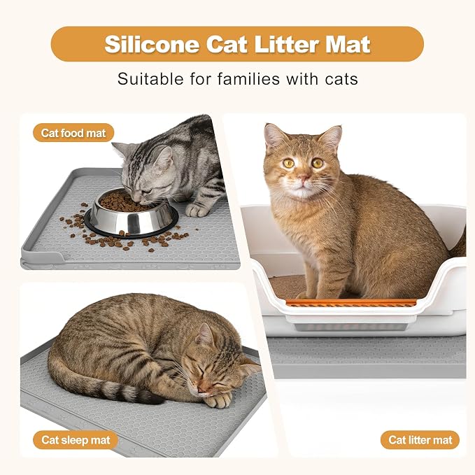 Extra Large Cat Litter Box Mat 34" x 22" – Waterproof Silicone Litter Trapper, Non-Slip, Easy to Clean Floor Protector, Soft on Kitty Paws(Light Grey)