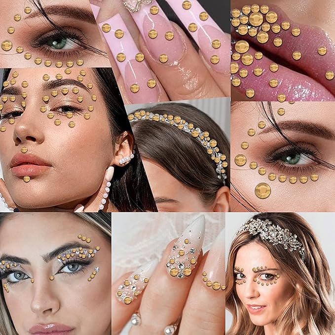 3555pcs Self Adhesive Face Gems for Makeup, Festival Jewels, Hair Gems, Rhinestone Stickers for Face, Eye, Makeup, Nail, Body, Crafts 5sheets (champagne-3/4/5/6/8mm)