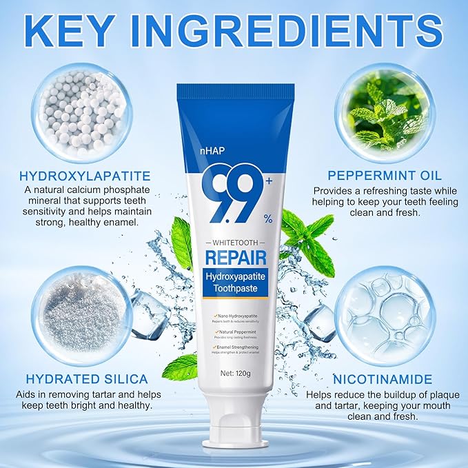 9.9%Hydroxyapatite Toothpaste for Enamel Protection and Tooth Strengthening, Hidroxiapatita Toothpaste Whittooth and Repairs Teeth, Reduces Sensitivity, Natural Peppermint Fresh Breath for Oral Health