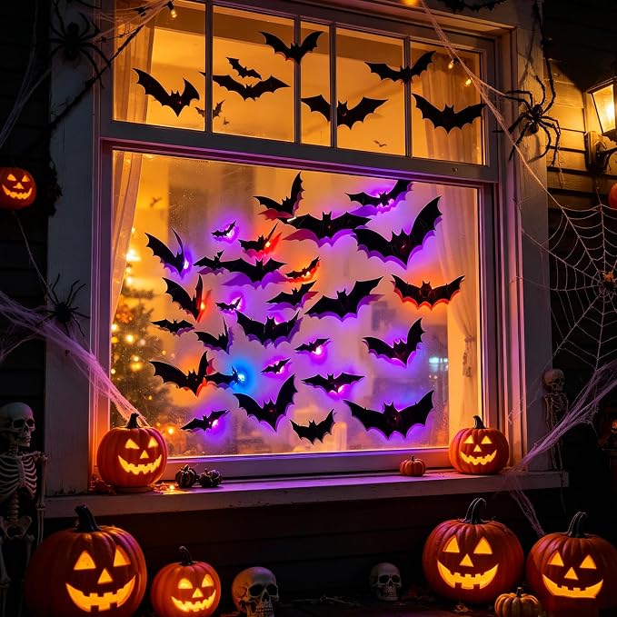 DR.DUDU 36 Pack Halloween Bats Wall Decor Halloween Decorations Indoor | Light Up Flashing Modes, Assorted Size, 3D Bat Stickers, for Bedroom Party Walls Bathroom Mirrors Garages Door