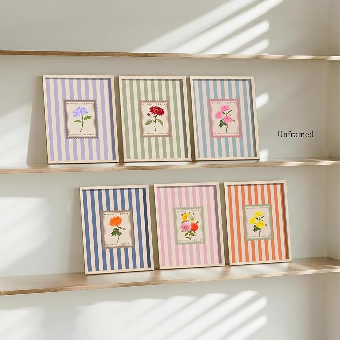 Vintage Floral Posters Wall Art Set of 6, Coquette Cute Stripe Botanical Stamp Canvas Wall Decor Painting, Colorful Flower Artwork Posters Prints for Bedroom Girls Room Dorm 8x10 Inch Unframed