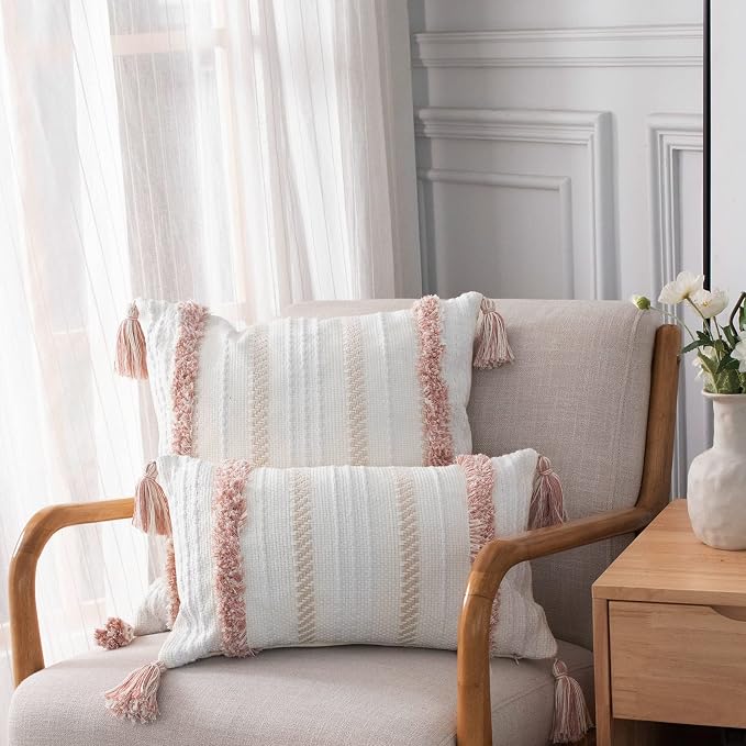 Boho Throw Pillow Covers Tufted Decorative Pillows Cover for Couch Bed Small Lumbar 12 x 20 inch Pillow Cover, Modern Accent Farmhouse Neutral Throw Pillow Case, Pink | Boho tufted lumbar pillow cover, blush pink accent for couch, bed and dorm decor