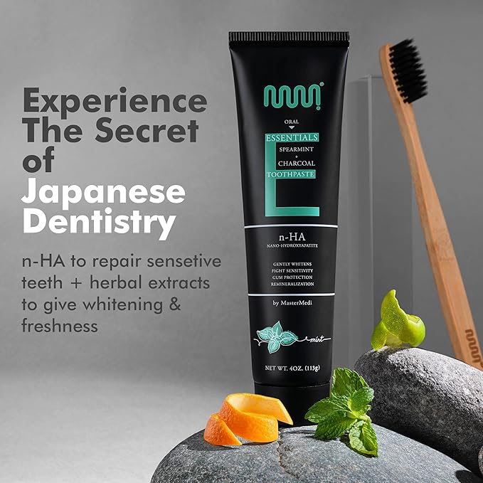MasterMedi Nano Hydroxyapatite Whitening Toothpaste with Xylitol, Charcoal & Spearmint – Fluoride & SLS Free, Remineralizing Formula for Sensitive Teeth, Enamel Repair, 4 oz (Pack of 1)