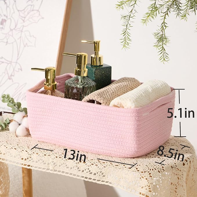 MiniArk Small Storage Baskets for Organizing | Closet Organizer Bins | Shelf Toy Basket | Woven Rope Baskets | Cube Decorative Box | Shallow Basket | 13x8.5x5.1” | 3 Packs Pink