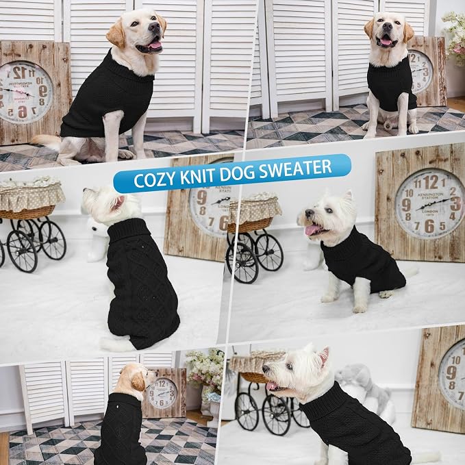 Mihachi Turtleneck Dog Sweater - Winter Coat Apparel Classic Cable Knit Clothes with Leash Hole for Cold Weather, Ideal Gift for Pet in New Year Black Medium/Large