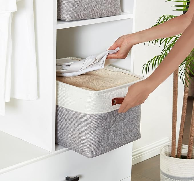 DECOMOMO Storage Bins, Large Fabric Storage Baskets for Shelves 4 Pack | 15 x 11 x 9.5 inches Decorative Linen Closet Organizers (Grey & White)