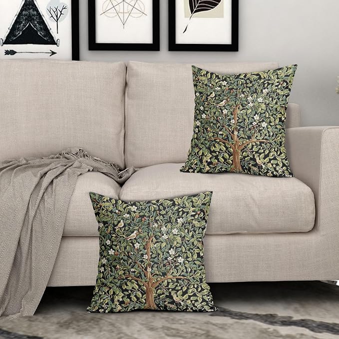 Green Tree Pillow Covers 16X16 Inch Set of 2 Watercolor Forest Bird Floral leaves Decorative Pillow Cases Spring Vintage Leaf Flower Cotton Linen Cushion Case Farmhouse Home Decor For Sofa Couch