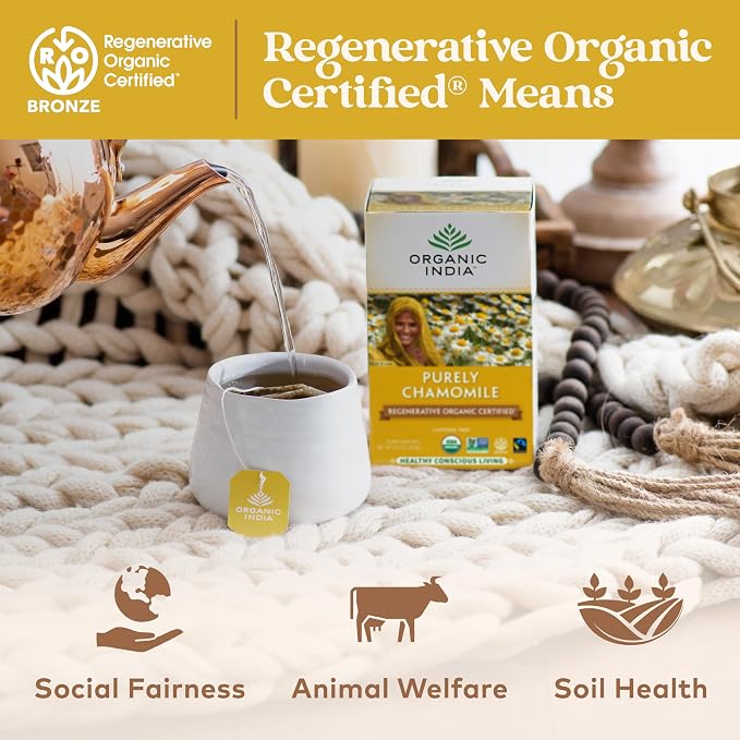 Organic India Purely Chamomile Tea - Regenerative Organic Chamomile Flowers, Caffeine Free, Calming & Relaxing Herbal Tea, Natural Support for Sleep & Relaxation - 18 Bags, Pack of 3