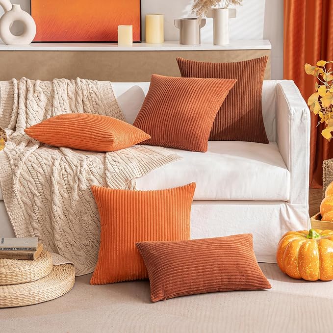 MIULEE Fall Euro Corduroy Throw Pillow Covers Set of 2 24x24 Dark Rust | Decorative Striped Textured Cushion Cases, Boho Rustic Square Pillowcases, Home Decor for Couch Chair Sofa Bed Living Room