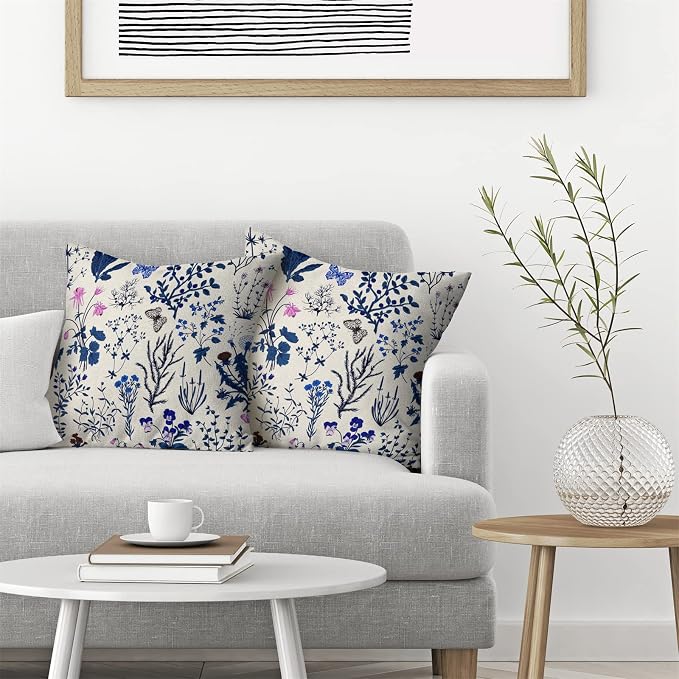 AEIOAE Summer Pillow Covers 18x18 Inch Set of 2,Navy Blue Wild Flower Plant Throw Pillows Case,Seasonal Floral Outdoor Decorative Square Linen Farmhouse Decor Cushion Covers for Home Sofa Bed Couch