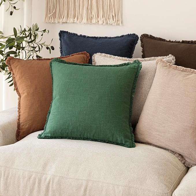 Foindtower Set of 2 Decorative Linen Fringe Throw Pillow Covers Cozy Boho Farmhouse Cushion Cover with Tassels Soft Accent Pillowcase for Couch Sofa Bed Living Room Home Decor, 16×16 Inch, Pine Green
