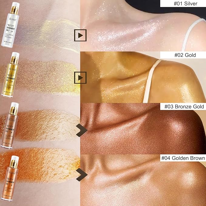 Body Shimmer Oil 100ml, Long Lasting Moisturizing Face & Body Luminizer, Waterproof Liquid Illuminator, Shimmer Glitter Oil Highlighter (#04 Golden Brown)