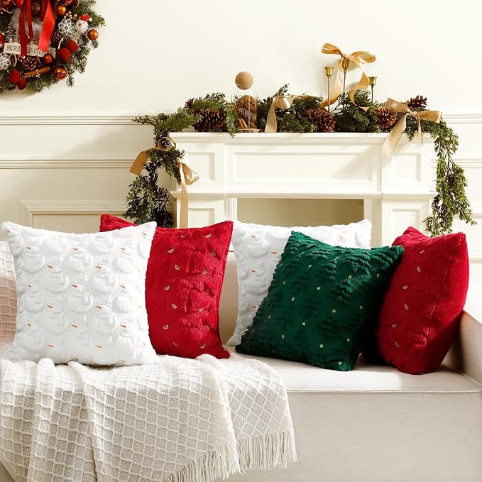 Softalker Christmas Throw Pillow Covers 18 x 18 Inch Set of 2, Xmas Winter Christmas Tree Faux Fur Cushion Covers, 3D Embroidered Pillow Cases for Couch Bedroom Living Room Decor, Green