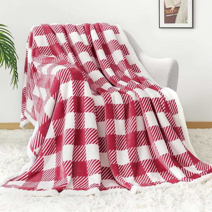 Sherpa Plaid Twin Blanket 60" X 70", Fuzzy Fluffy Soft Cozy Throw Blanket, Twin Size Plush Fleece Flannel Plush Microfiber Blanket for Couch Bed Sofa (RustRed)