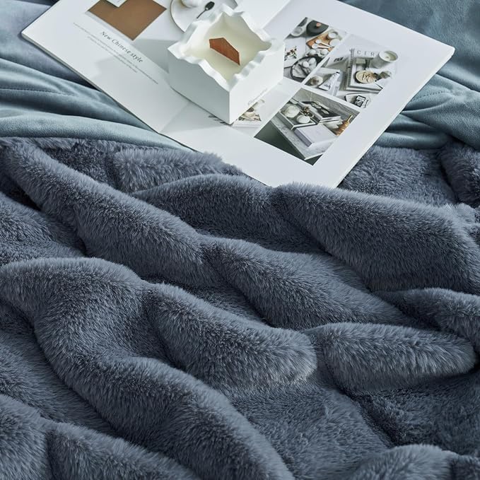 Cozy Bliss Deluxe Sheared Rabbit Faux Fur Throw Blanket, Soft Fuzzy High-Low Sculpted Plush Blanket for Couch, Cozy Home Accent, All Season Use, Blue 60"x80"