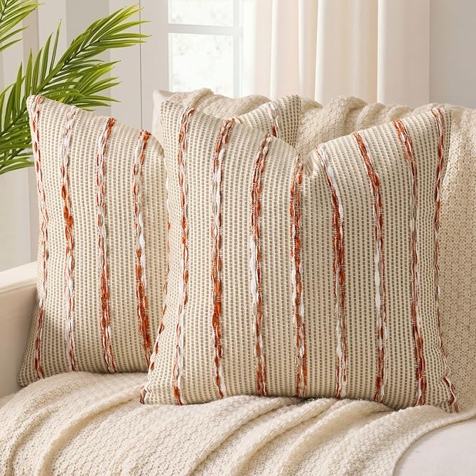 ANRODUO Boho Decorative Throw Pillow Covers Rust Stripe 20x20 Inch Set of 2 | Woven Chenille Decorative Cushion Case with Striped Farmhouse Accent Neutral Pillowcase for Couch Sofa Bed Living, Room Decor