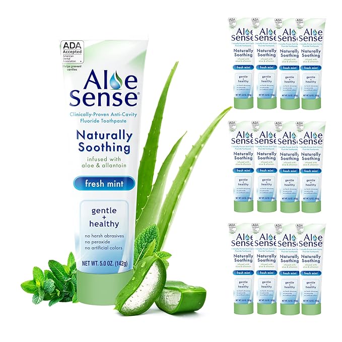 AloeSense Naturally Soothing Toothpaste for Sensitive Teeth and Gum Care with Aloe Vera, Allantoin & Fresh Mint Flavor, Gentle & Natural, ADA Approved (5-oz, 12 Count)