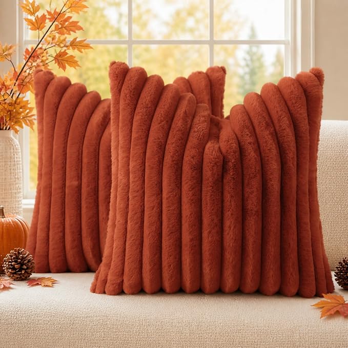 decorUhome Fall Faux Fur Throw Pillow Covers 20x20 Set of 2 Rust | Decorative Soft Cozy Striped Plush Modern Farmhouse Boho Couch Pillow Cases Velvet Back for Sofa Bed Living Room Home Decor