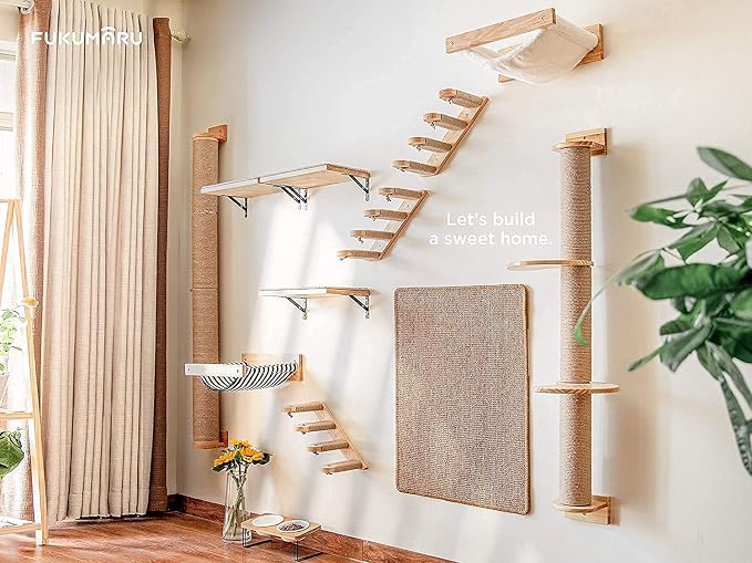 FUKUMARU Cat Activity Tree with Scratching Posts, Wall Mounted Jute Scratcher Pine Hammock | Solid Rubber Wood, Natural Jute Scratcher, Kitten Wall Furniture