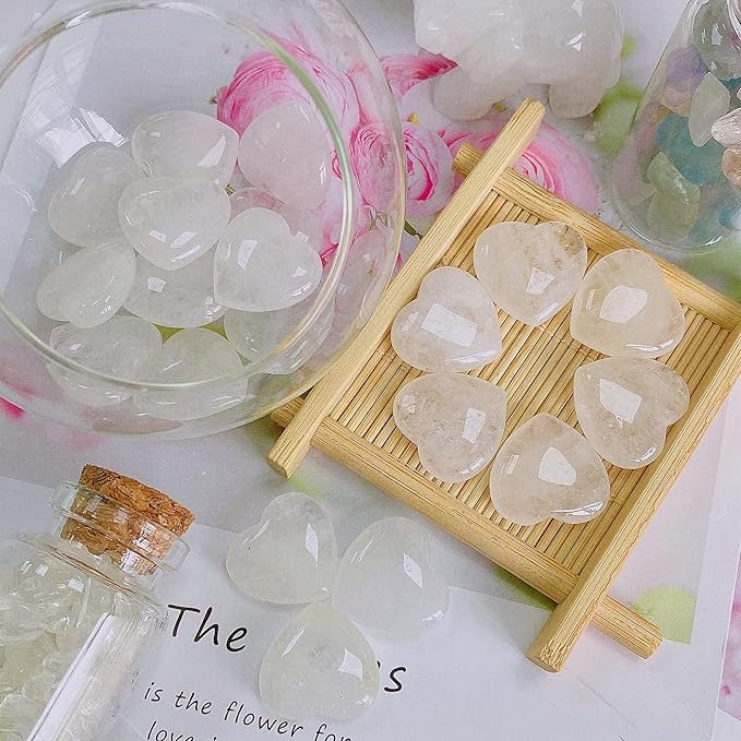 20 PCS Clear Crystal Heart Healing Crystals Cute Polished Crystal Mini Pocket Stones Natural Palm Love Gemstones Set Bulk Wholesale Reiki Energy Balancing Meditation Valentine's Day Gift
