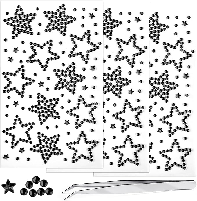 3Sheets Star Gem Stickers Jewels for Crafts, Face Makeup - Self Adhesive Rhinestone Jewel Stickers, Stick on Gems Rhinestones for Crafts, Craft Supplies for Kids (16.Black Star)