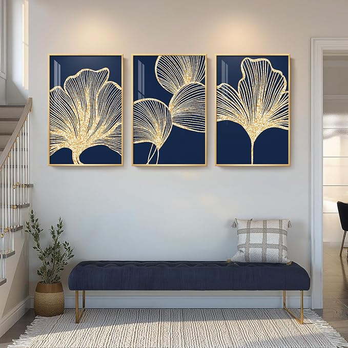 Framed Modern Luxury Wall Art for Living Room, Large Navy Blue and Gold Ginkgo Leaf Artwork for Walls, 3 Piece Contemporary Bright Style Floral Prints for Bedroom Office Hallway Wall Decor, 24x36 Inch | Large navy blue leaf prints, Bright style crystal...
