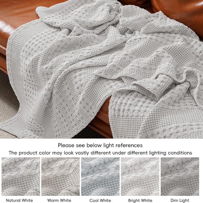 PHF 100% Cotton Waffle Weave Blanket Queen Size, Lightweight Breathable Summer Blanket for Hot Sleepers, Pre-Washed Soft Layer for Bed, Couch, Aesthetic Home Decor & Gift, 90"x90", Light Grey
