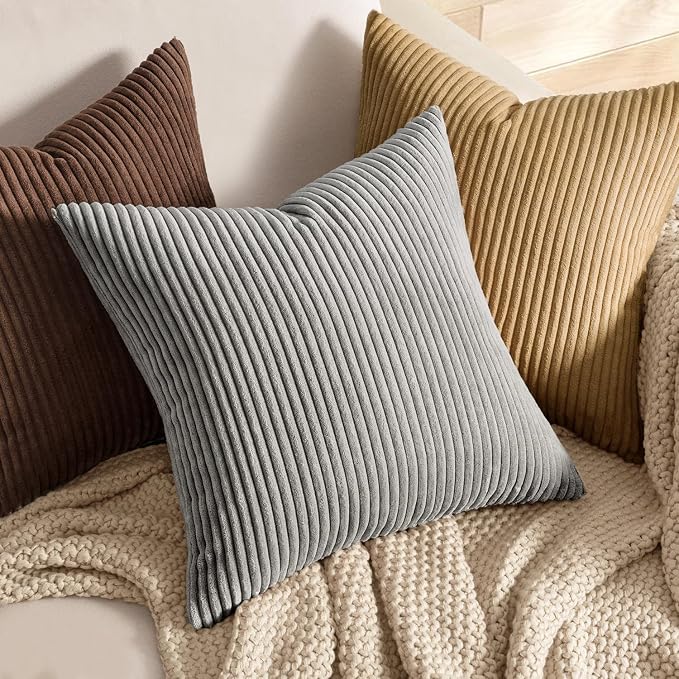 MIULEE Decorative Corduroy Throw Pillow Covers Set of 2 18x18 Silver Grey | Soft Striped Textured Cushion Cases, Boho Square Pillowcases Neutral Home Decor, for Couch Chair Sofa Bed Living Room