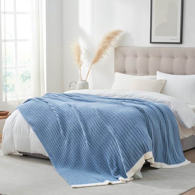 Snuggle Sac Queen Size Blanket for Bed, Soft Luxurious Bedding Blankets, Large Fuzzy Plush Microfiber Blankets, Washed Blue, 90x90 inches