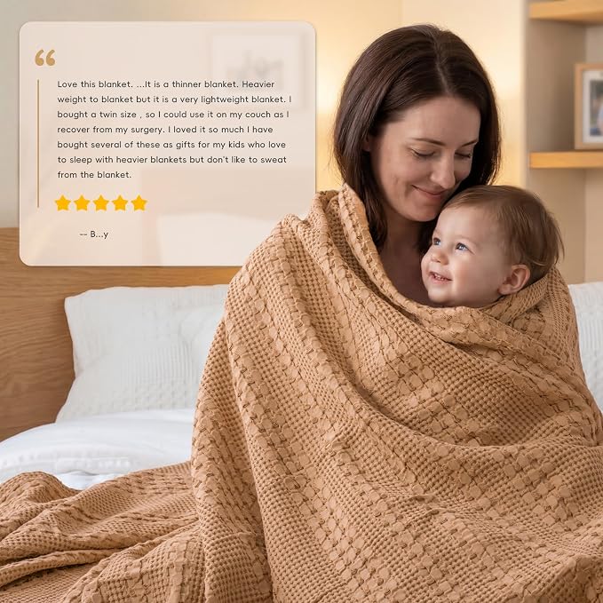 PHF 100% Cotton Waffle Blanket Twin Size, Lightweight Breathable Summer Blanket for Hot Sleepers, Pre-Washed Soft Layer for Bed, Dorm, Couch & Guest Room, Home Decor Gift, 66"x90", Clay