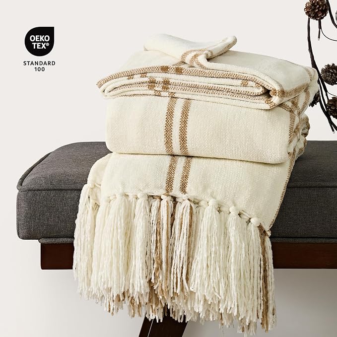 Plaid Chenille Knit Throw Blanket, 50"x60", Cream & Beige | Soft Knitted Throw with Tassels, Cozy, Lightweight, Windowpane Grid Plaid, Decorative Farmhouse Throw for Couch Bed Sofa Gift