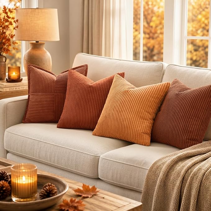 MIULEE Fall Decorative Corduroy Throw Pillow Covers Set of 2 20x20 Rust | Soft Striped Textured Cushion Cases, Boho Rustic Square Pillowcases for Home Decor, for Couch Chair Sofa Bed Living Room