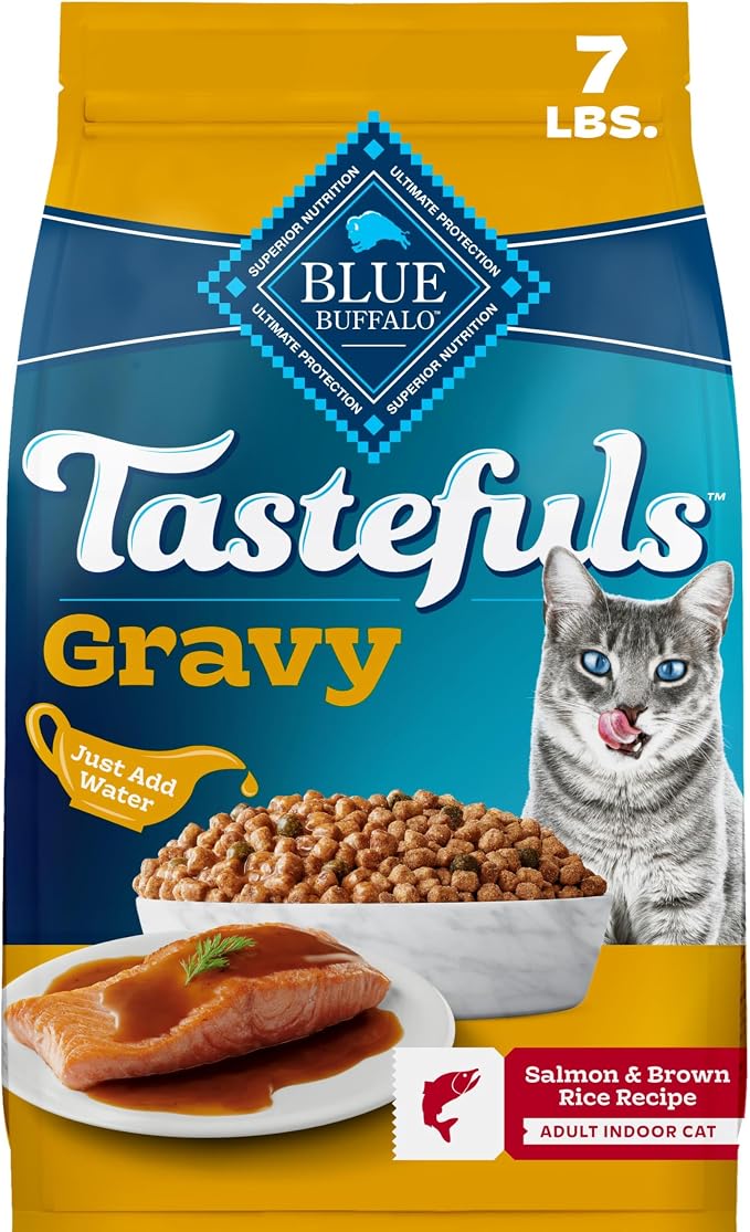 Blue Buffalo Tastefuls Irresistible Gravy Experience Salmon Cat Food, 7 lb | Adult Cat Salmon & Brown Rice Recipe, Add Warm Water for Real Gravy, Supports Digestion & Coat Health