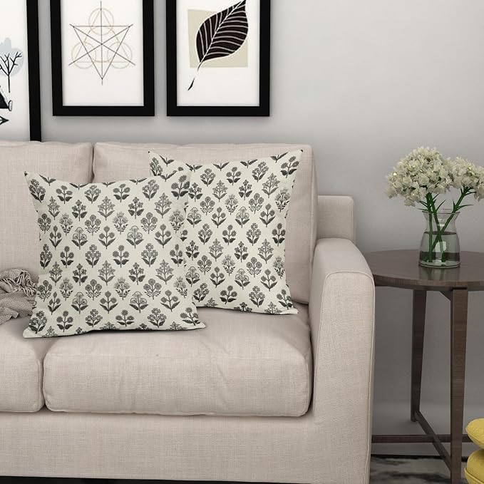 Black Grey Gray Block Print Pillow Covers 20x20 Inch Set of 2, Vintage Floral Decorative Throw Pillow Cases Boho Cushion Covers Rustic Decoration Gift Farmhouse Sofa Couch Bed Decor