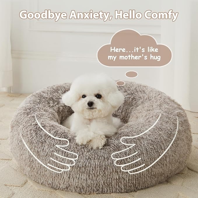 WNPETHOME Large Round Calming Dog Bed Cat Bed for Comfy Sleep | Large Cute Washable Puppy & Cat Bed with Fuzzy Plush, Fur Anti Anxiety Pet Bed Donut Cuddler (45x45x10In, Light Coffee)