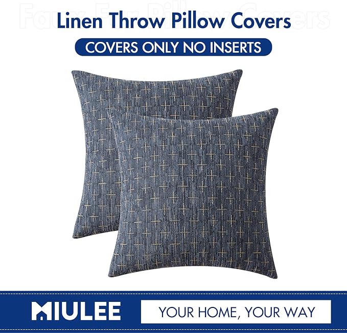 MIULEE Pack of 2 Decorative Burlap Linen Throw Pillow Covers Modern Farmhouse Vintage Pillowcase Rustic Woven Textured Cushion Cover for Sofa Couch Bed 20x20 Inch Blue